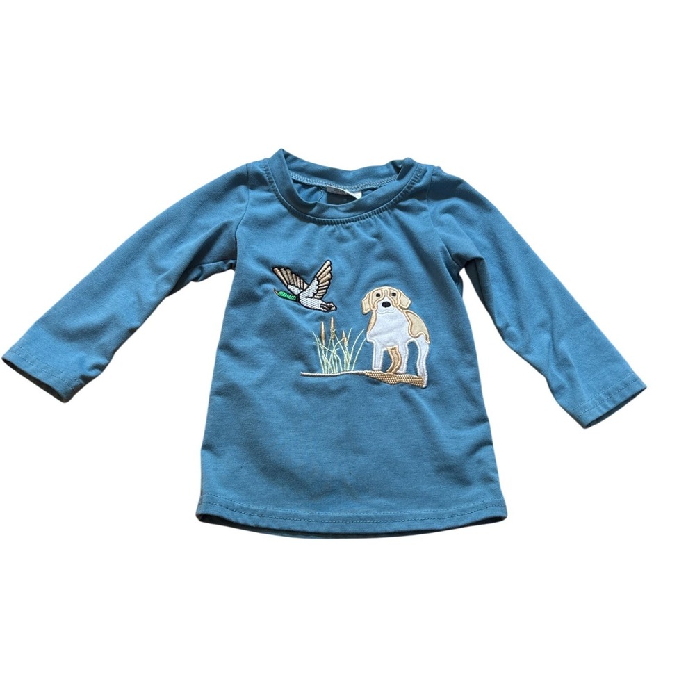 Long Sleeve Shirt Kids Blue Hunting Dog Duck Embroidered SIZE‎ 2XS 6-12M